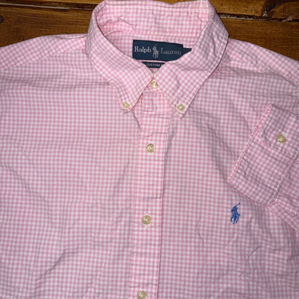 Ralph Lauren Button Down Shirt Mens Large Pink Gingham Custom Fit Long Sleeve
